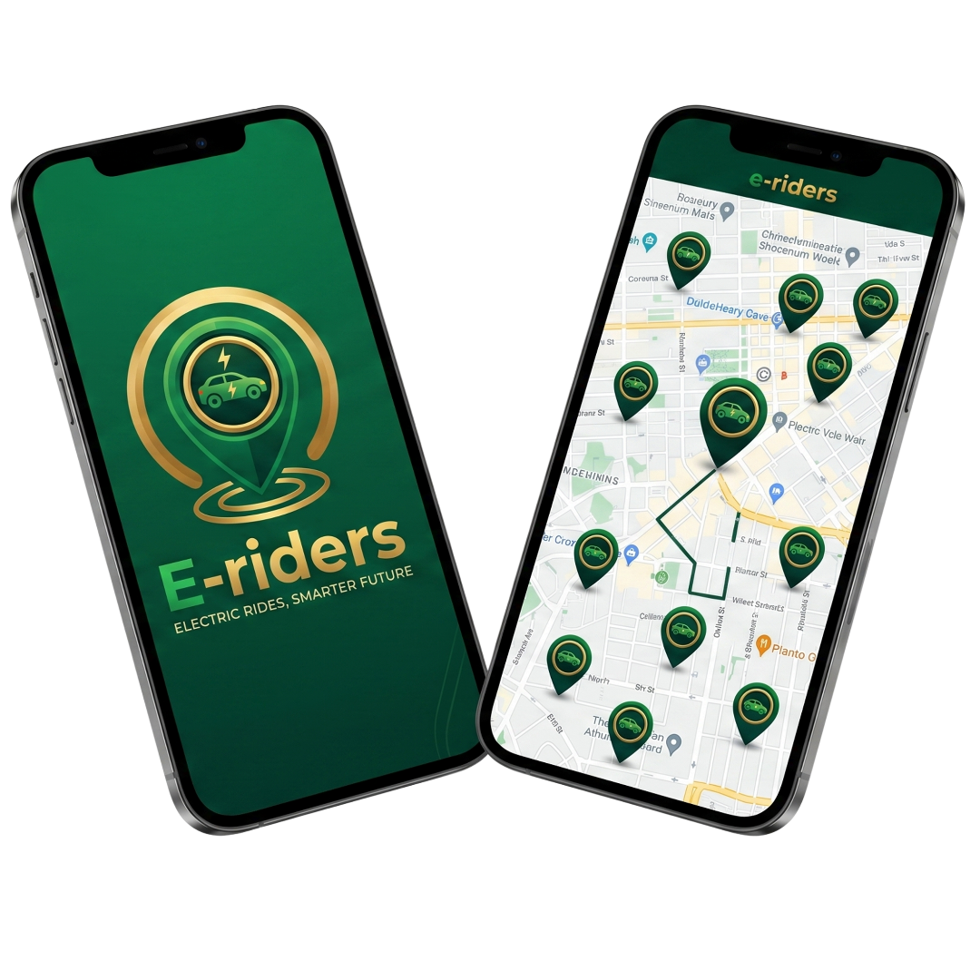 The E-Riders app shown on phones